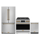 Gordon Ramsay by Thor Kitchen 3-Piece Appliance Package - 36-Inch Gas Range with Liquid Propane Kit, Tilt Panel, 36-Inch Refrigerator, and Dishwasher in Stainless Steel with Bronze Trim