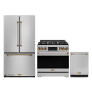 Gordon Ramsay by Thor Kitchen 3-Piece Appliance Package - 36-Inch Gas Range with Tilt Panel, 36-Inch Refrigerator, and Dishwasher in Stainless Steel with Bronze Trim