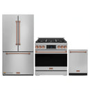 Gordon Ramsay by Thor Kitchen 3-Piece Appliance Package - 36-Inch Gas Range with Tilt Panel, 36-Inch Refrigerator, and Dishwasher in Stainless Steel with Rose Gold Trim