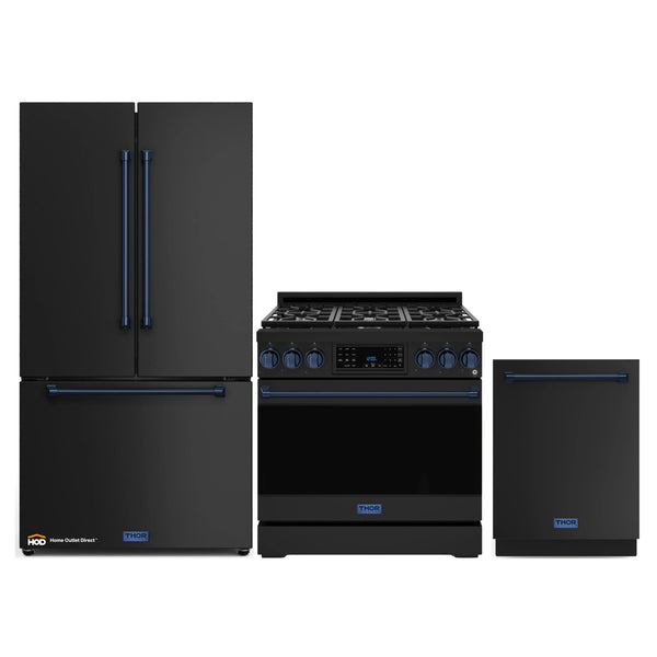 Gordon Ramsay by Thor Kitchen 3-Piece Appliance Package - 36-Inch Gas Range with Liquid Propane Kit, Tilt Panel, 36-Inch Refrigerator, and Dishwasher in Black with Blue Trim