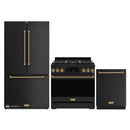 Gordon Ramsay by Thor Kitchen 3-Piece Appliance Package - 36-Inch Gas Range with Liquid Propane Kit, Tilt Panel, 36-Inch Refrigerator, and Dishwasher in Black with Bronze Trim