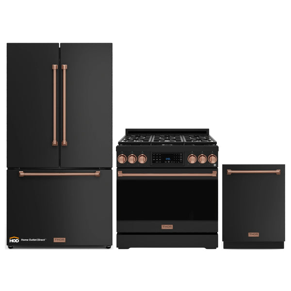 Gordon Ramsay by Thor Kitchen 3-Piece Appliance Package - 36-Inch Gas Range with Liquid Propane Kit, Tilt Panel, 36-Inch Refrigerator, and Dishwasher in Black with Rose Gold Trim