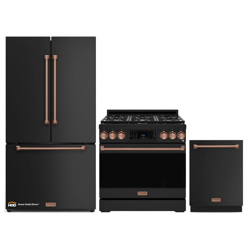 Gordon Ramsay by Thor Kitchen 3-Piece Appliance Package - 36-Inch Gas Range with Liquid Propane Kit, Tilt Panel, 36-Inch Refrigerator, and Dishwasher in Black with Rose Gold Trim