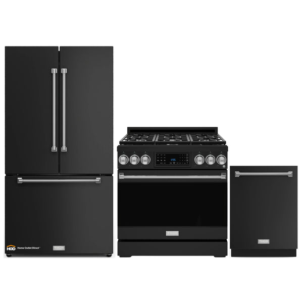 Gordon Ramsay by Thor Kitchen 3-Piece Appliance Package - 36-Inch Gas Range with Liquid Propane Kit, Tilt Panel, 36-Inch Refrigerator, and Dishwasher in Black with Stainless Steel Trim