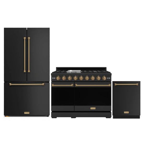 Gordon Ramsay by Thor Kitchen 3-Piece Appliance Package - 48-Inch Gas Range with Liquid Propane Kit with Double Oven, 36-Inch Refrigerator, and Dishwasher in Black with Bronze Trim