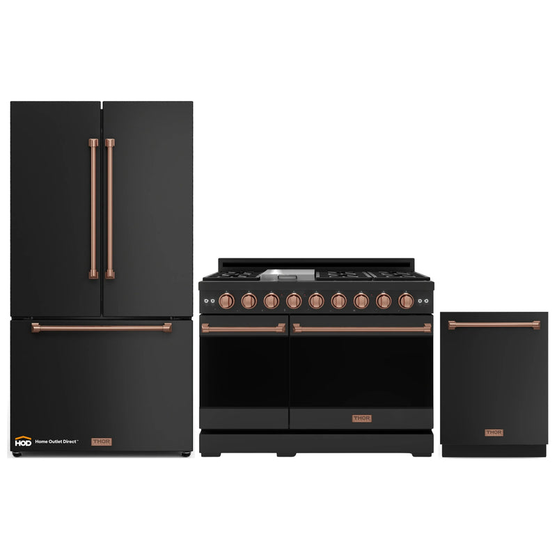 Gordon Ramsay by Thor Kitchen 3-Piece Appliance Package - 48-Inch Gas Range with Liquid Propane Kit with Double Oven, 36-Inch Refrigerator, and Dishwasher in Black with Rose Gold Trim