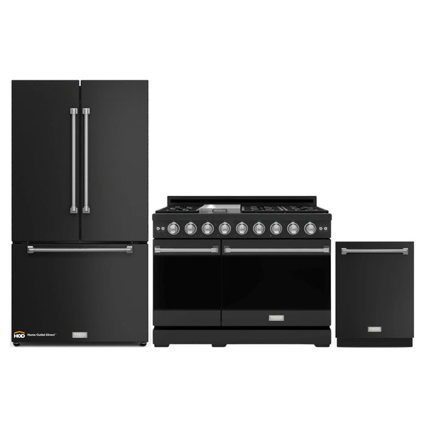 Gordon Ramsay by Thor Kitchen 3-Piece Appliance Package - 48-Inch Gas Range with Liquid Propane Kit with Double Oven, 36-Inch Refrigerator, and Dishwasher in Black with Stainless Steel Trim