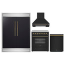 Forno 4-Piece Appliance Package - 30-Inch Electric Range, Wall Mount Range Hood, 60-Inch Refrigerator, and Dishwasher in Black with Antique Brass Handle