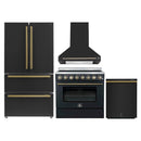 Forno 4-Piece Appliance Package - 36-Inch Electric Range, Wall Mount Range Hood, 36-Inch Refrigerator, and Dishwasher in Black with Antique Brass Handle