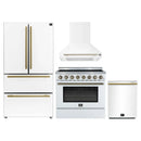 Forno 4-Piece Appliance Package - 36-Inch Electric Range, Wall Mount Range Hood, 36-Inch Refrigerator, and Dishwasher in White with Antique Brass Handle