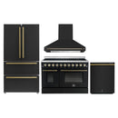 Forno 4-Piece Appliance Package - 48-Inch Electric Range, Wall Mount Range Hood, 36-Inch Refrigerator, and Dishwasher in Black with Antique Brass Handle