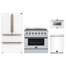 Forno 4-Piece Appliance Package - 36-Inch Electric Range, 36-Inch Refrigerator, 24-Inch Microwave Drawer, & Dishwasher in White with Antique Brass Handle