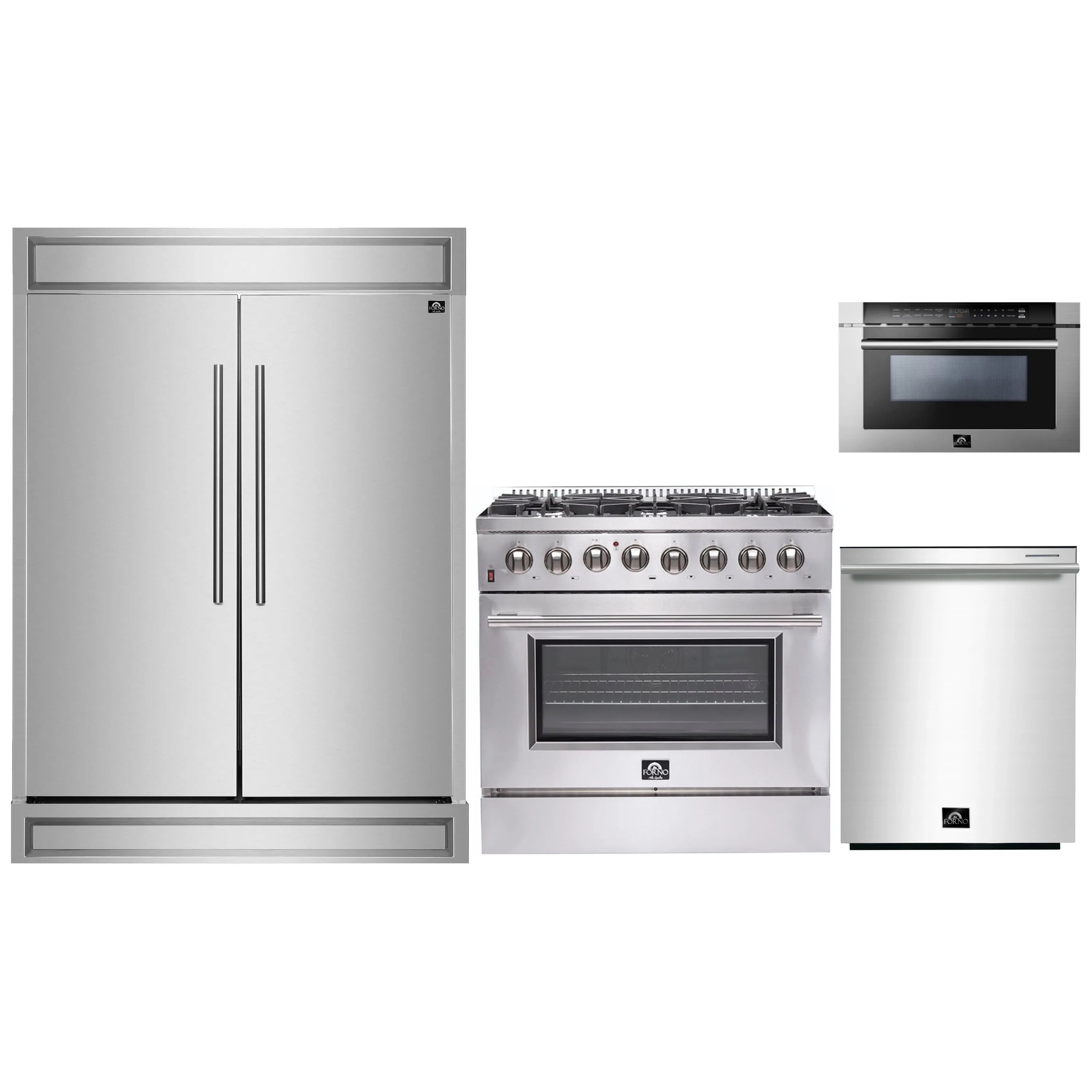 Forno 4-Piece Appliance Package - 36-Inch Dual Fuel Range, 60-Inch Pro-Style Refrigerator, 24-Inch Microwave Drawer, & 3-Rack Dishwasher in Stainless Steel
