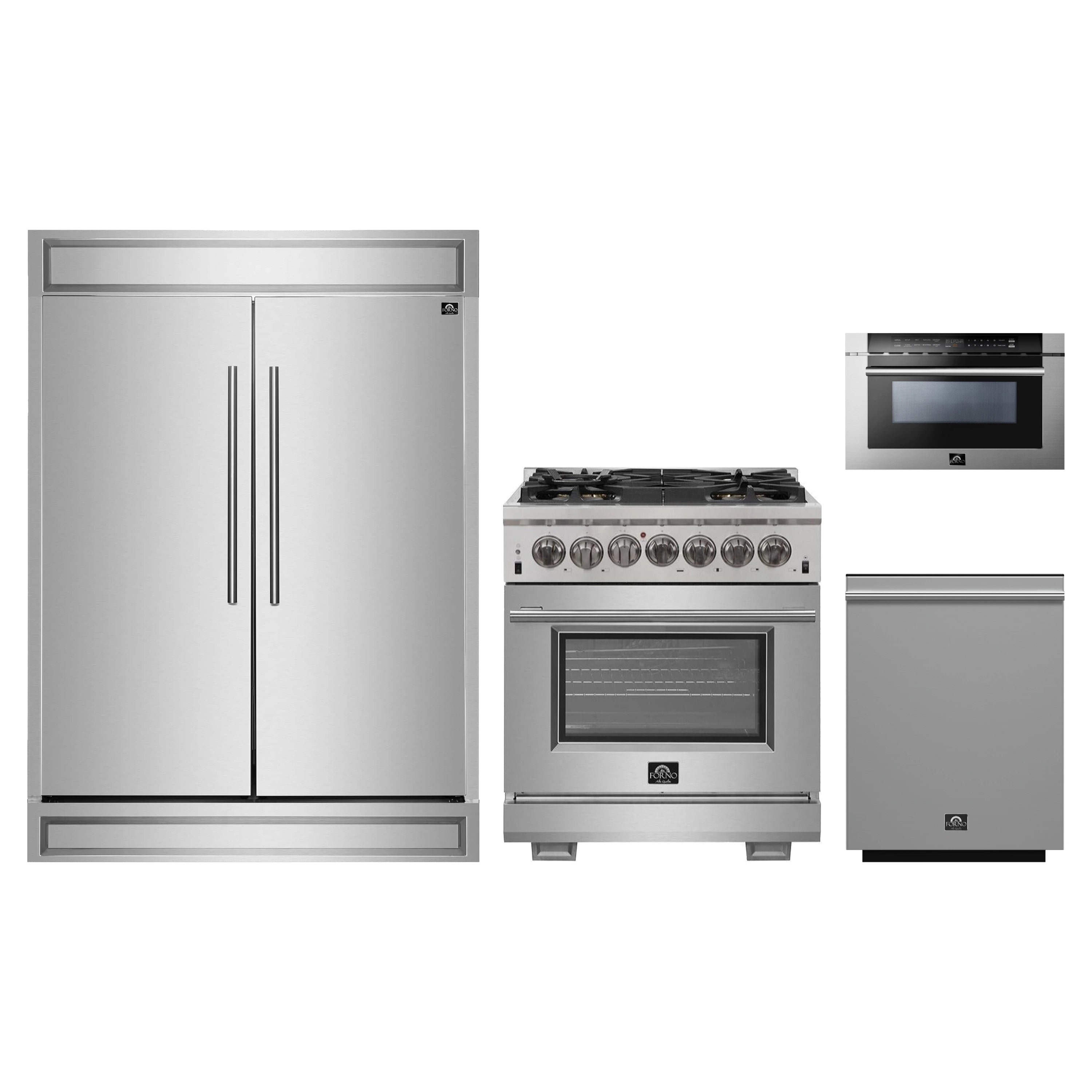 Forno 4-Piece Pro Appliance Package - 30-Inch Dual Fuel Range, 60-Inch Pro-Style Refrigerator, 24-Inch Microwave Drawer, & 3-Rack Dishwasher in Stainless Steel