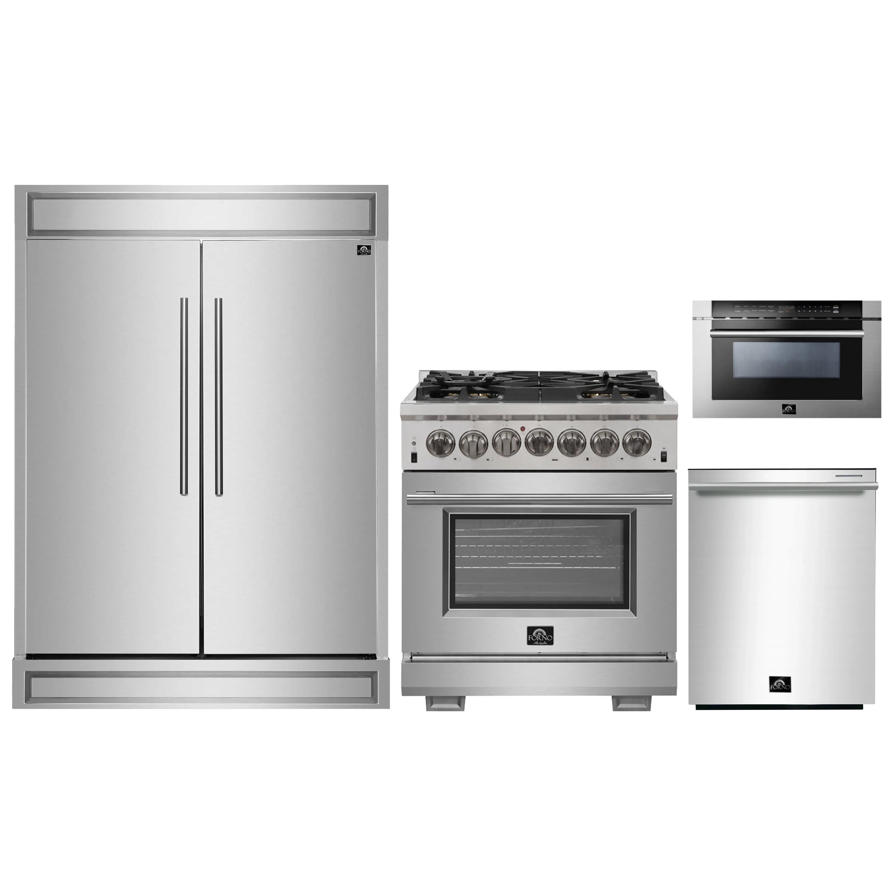 Forno 4-Piece Pro Appliance Package - 30-Inch Dual Fuel Range, 60-Inch Pro-Style Refrigerator, 24-Inch Microwave Drawer, & 3-Rack Dishwasher in Stainless Steel