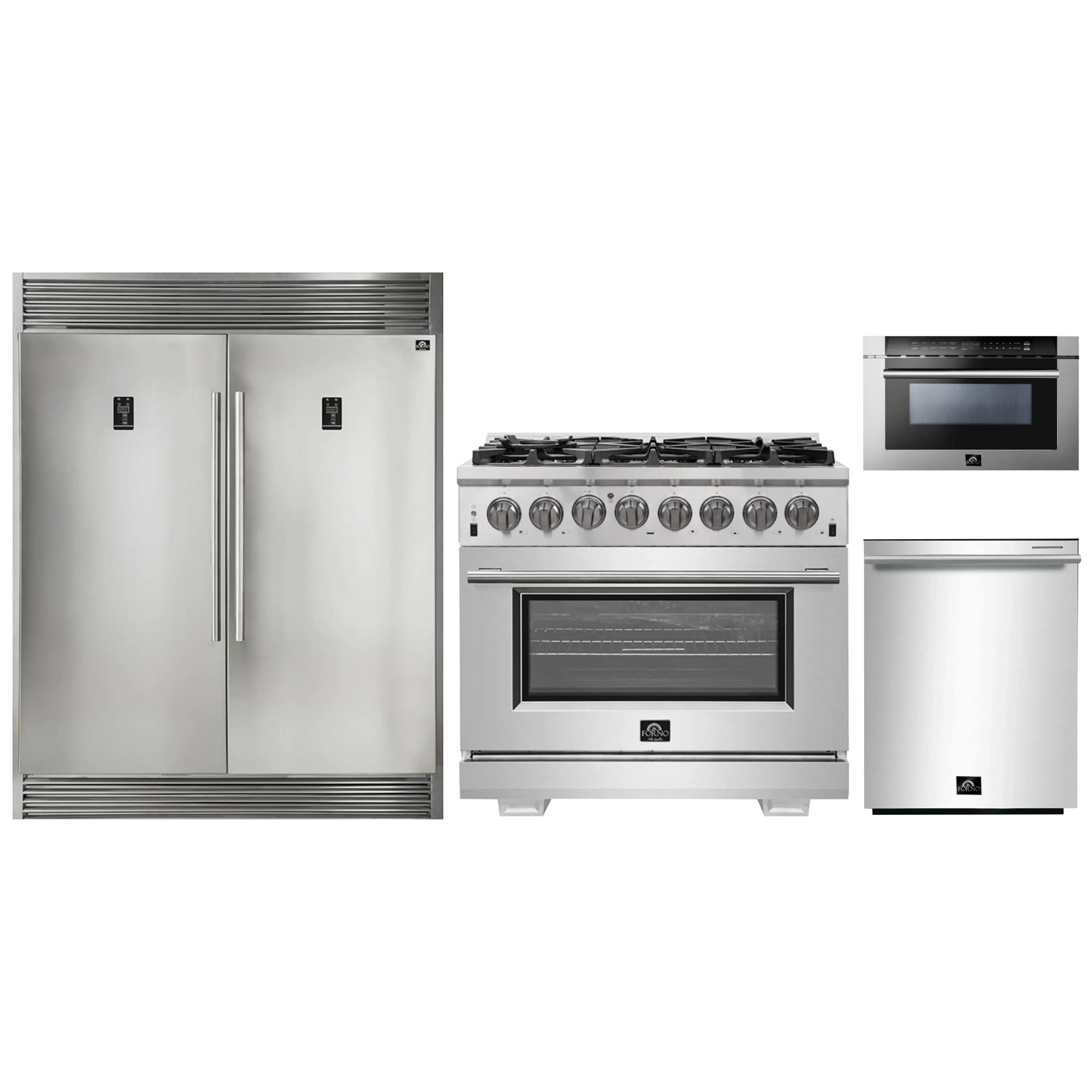 Forno 4-Piece Pro Appliance Package - 36-Inch Dual Fuel Range, 60-Inch Pro-Style Refrigerator, 24-Inch Microwave Drawer, & 3-Rack Dishwasher in Stainless Steel