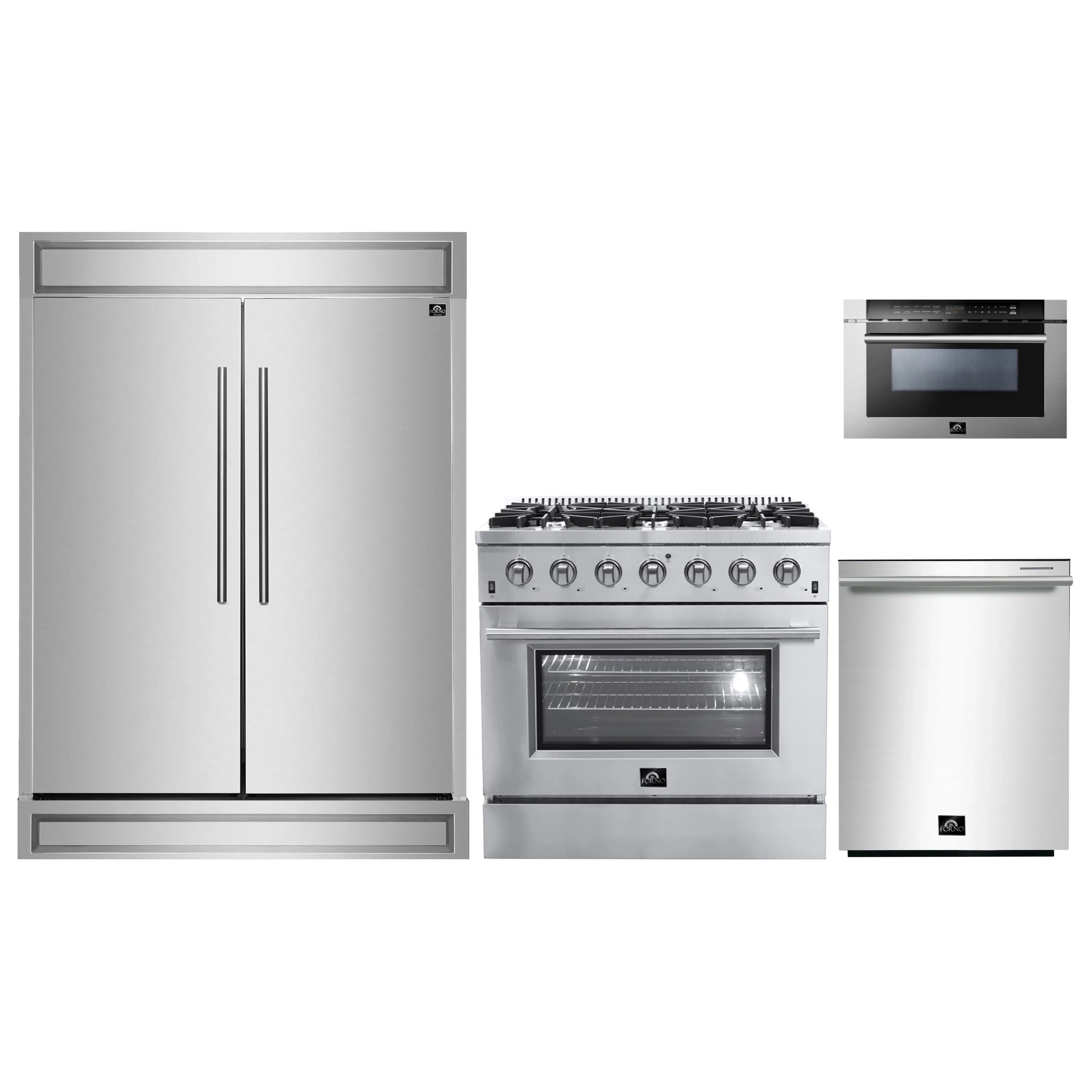 Forno 4-Piece Appliance Package - 36-Inch Gas Range, 60-Inch Pro-Style Refrigerator, 24-Inch Microwave Drawer, & 3-Rack Dishwasher in Stainless Steel
