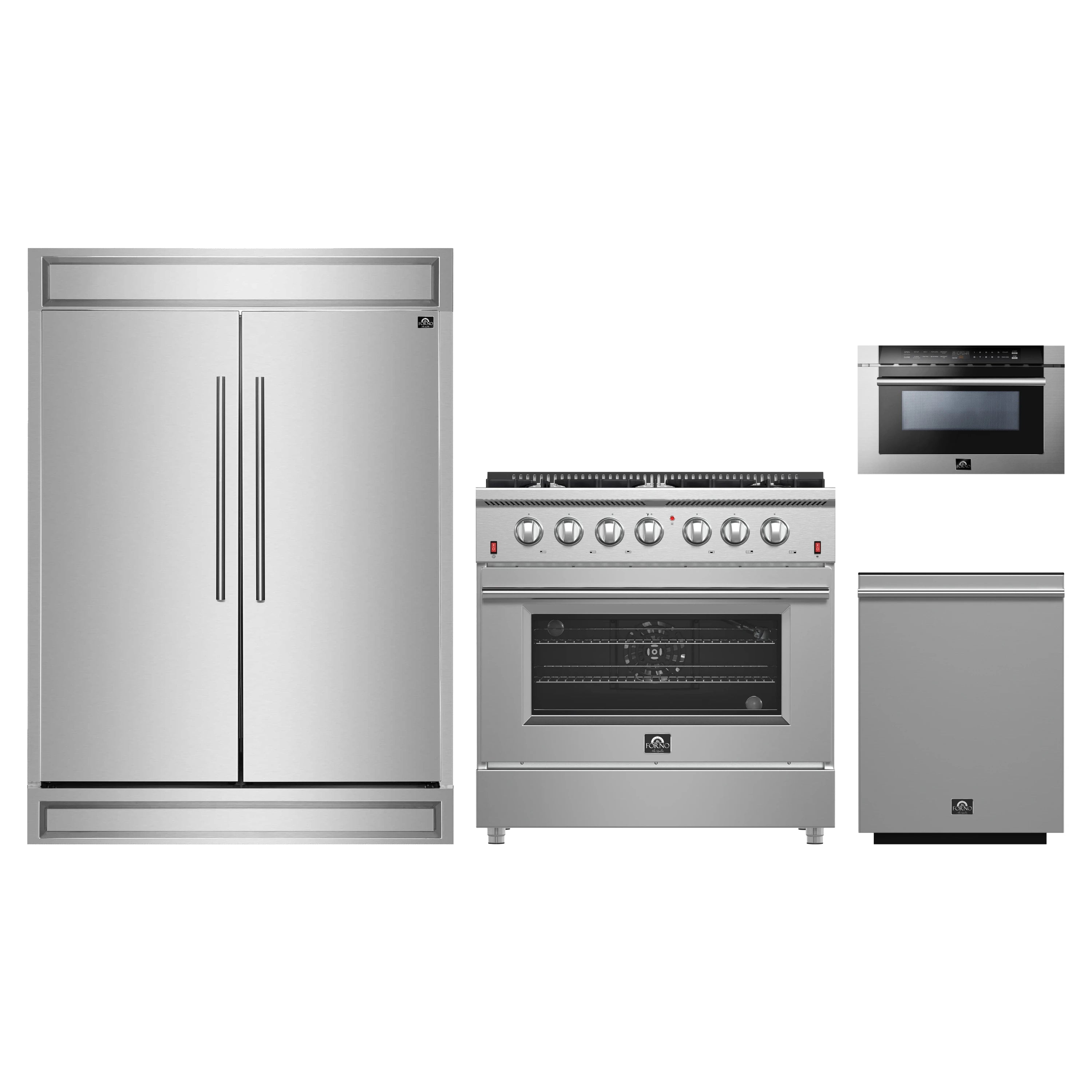 Forno 4-Piece Appliance Package - 36-Inch Gas Range, 60-Inch Pro-Style Refrigerator, 24-Inch Microwave Drawer, & 3-Rack Dishwasher in Stainless Steel