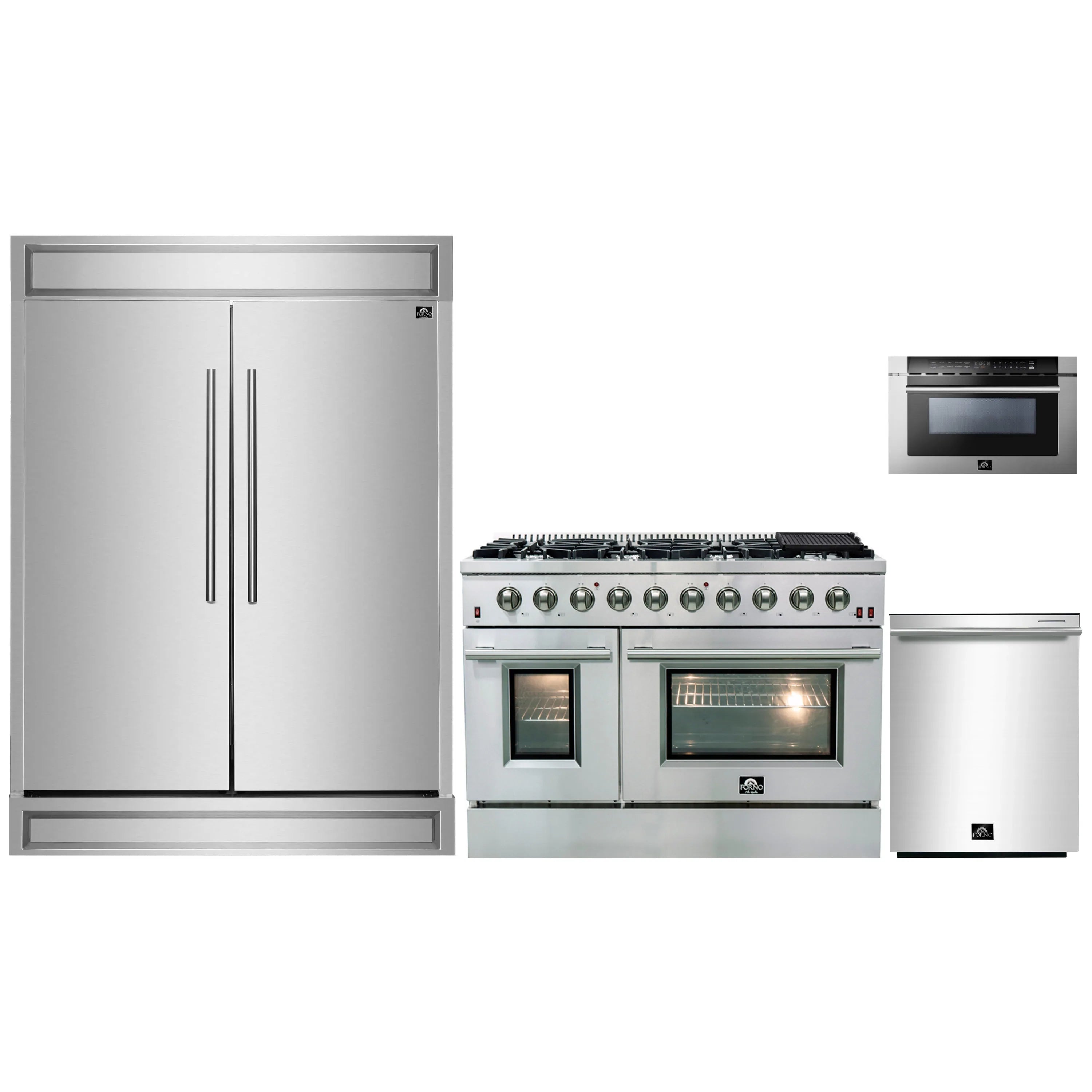 Forno 4-Piece Appliance Package - 48-Inch Gas Range, 60-Inch Pro-Style Refrigerator, 24-Inch Microwave Drawer, & 3-Rack Dishwasher in Stainless Steel