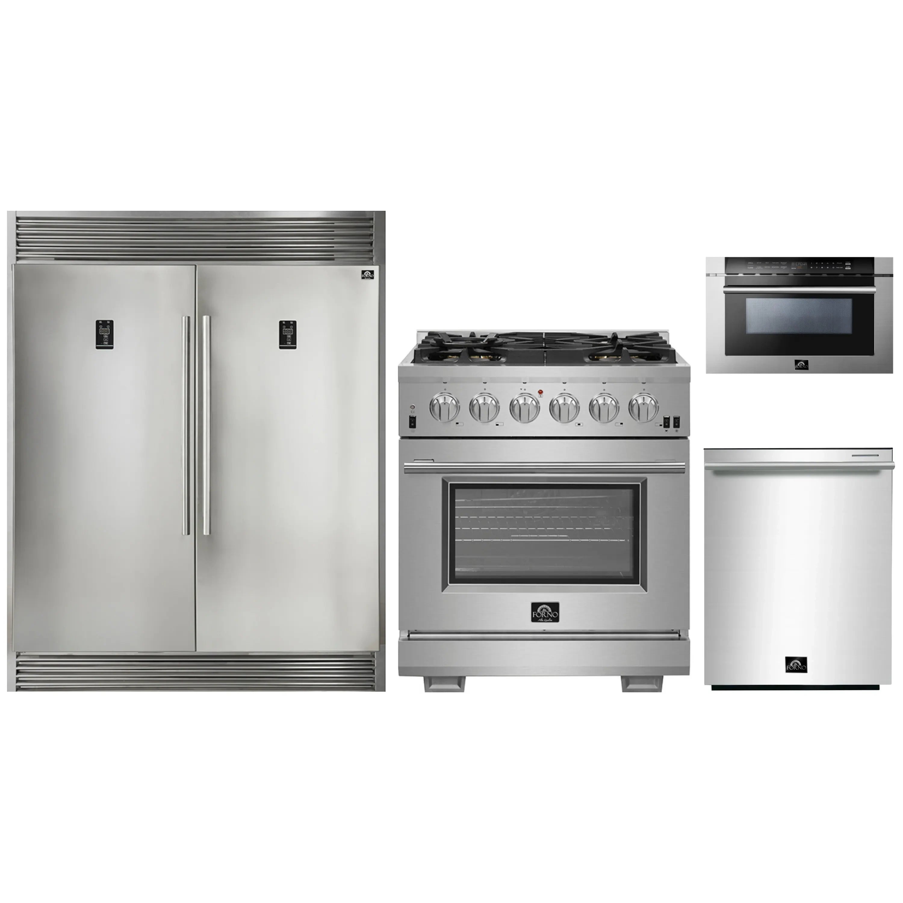 Forno 4-Piece Pro Appliance Package - 30-Inch Gas Range, 60-Inch Pro-Style Refrigerator, 24-Inch Microwave Drawer, & 3-Rack Dishwasher in Stainless Steel