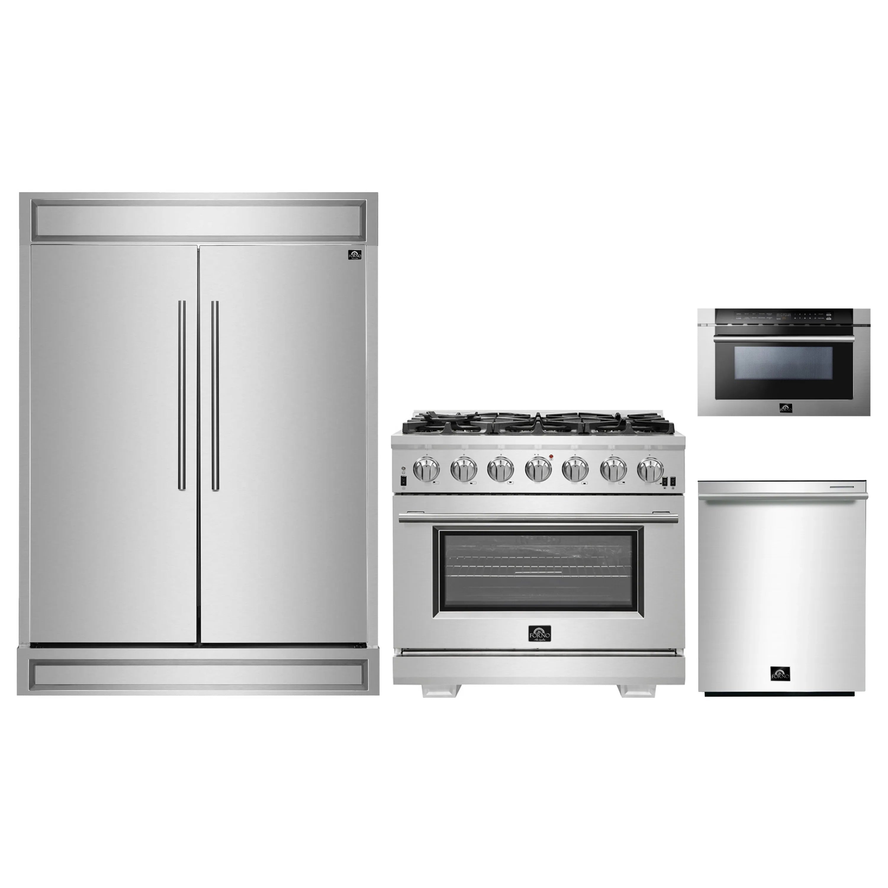 Forno 4-Piece Pro Appliance Package - 36-Inch Gas Range, 60-Inch Pro-Style Refrigerator, 24-Inch Microwave Drawer, & 3-Rack Dishwasher in Stainless Steel