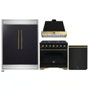 Forno 4-Piece Appliance Package - 36-Inch Dual Fuel Range, Wall Mount Range Hood, 60-Inch Convertible Refrigerator with Modern Trim, and Dishwasher in Black with Antique Brass Handle