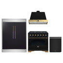 Forno 4-Piece Appliance Package - 36-Inch Dual Fuel Range, Wall Mount Range Hood, 60-Inch Convertible Refrigerator with Modern Trim, and Dishwasher in Black with Antique Brass Handle