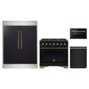 Forno 4-Piece Appliance Package - 36-Inch Dual Fuel Range, 60-Inch Convertible Refrigerator with Modern Trim, Dishwasher, and 24-Inch Microwave Drawer in Black with Antique Brass Handle