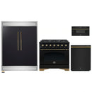 Forno 4-Piece Appliance Package - 36-Inch Dual Fuel Range, 60-Inch Convertible Refrigerator with Modern Trim, Dishwasher, and 30-Inch Microwave Drawer in Black with Antique Brass Handle