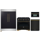 Forno 4-Piece Appliance Package - 36-Inch Dual Fuel Range, 60-Inch Convertible Refrigerator with Modern Trim, Dishwasher, and 30-Inch Microwave Oven in Black with Antique Brass Handle