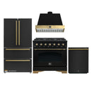 Forno Antico 4-Piece Appliance Package - 36-Inch Dual Fuel Range, 36-Inch Hood, 36-Inch Refrigerator, & 24-Inch Dishwasher in Black with Antique Brass Trim