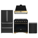 Forno Antico 4-Piece Appliance Package - 36-Inch Dual Fuel Range, 36-Inch Hood, 36-Inch Refrigerator, & 24-Inch Dishwasher in Black with Antique Brass Trim