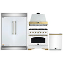 Forno 4-Piece Appliance Package - 36-Inch Dual Fuel Range, Wall Mount Range Hood, 60-Inch Refrigerator, Dishwasher in White with Antique Brass Handle
