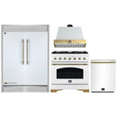 Forno 4-Piece Appliance Package - 36-Inch Antico Dual Fuel Range, Wall Mount Range Hood, 60-Inch Refrigerator, Dishwasher in White with Antique Brass Handle