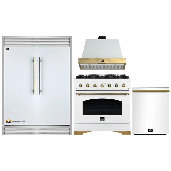 Forno 4-Piece Appliance Package - 36-Inch Antico Dual Fuel Range, Wall Mount Range Hood, 60-Inch Refrigerator, Dishwasher in White with Antique Brass Handle
