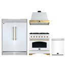 Forno 4-Piece Appliance Package - 36-Inch Antico Dual Fuel Range, Wall Mount Range Hood, 60-Inch Refrigerator, Dishwasher in White with Antique Brass Handle