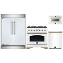Forno 4-Piece Appliance Package - 36-Inch Dual Fuel Range, 60-Inch Refrigerator, Dishwasher, & 24-Inch Microwave Drawer in White with Antique Brass Handle