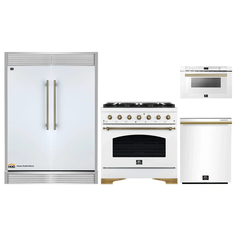Forno 4-Piece Appliance Package - 36-Inch Antico Dual Fuel Range, 60-Inch Refrigerator, Dishwasher, & 24-Inch Microwave Drawer in White with Antique Brass Handle