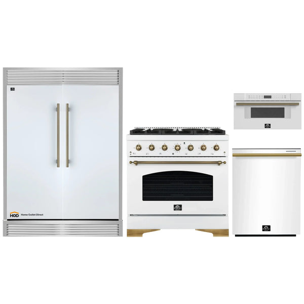 Forno 4-Piece Appliance Package - 36-Inch Antico Dual Fuel Range, 60-Inch Refrigerator, Dishwasher, & 30-Inch Microwave Drawer in White with Antique Brass Handle