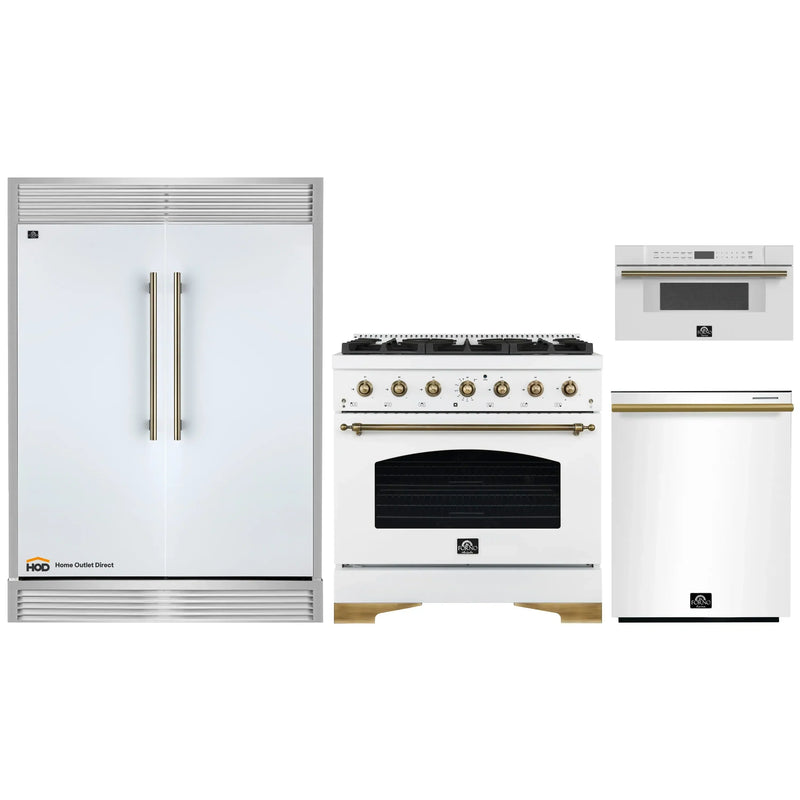 Forno 4-Piece Appliance Package - 36-Inch Antico Dual Fuel Range, 60-Inch Refrigerator, Dishwasher, & 30-Inch Microwave Drawer in White with Antique Brass Handle