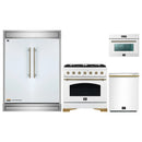 Forno 4-Piece Appliance Package - 36-Inch Dual Fuel Range, 60-Inch Refrigerator, Dishwasher, & 24-Inch Microwave Oven in White with Antique Brass Handle