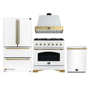 Forno Antico 4-Piece Appliance Package - 36-Inch Dual Fuel Range, 36-Inch Hood, 36-Inch Refrigerator, & 24-Inch Dishwasher in White with Antique Brass Trim