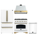 Forno Antico 4-Piece Appliance Package - 36-Inch Dual Fuel Range, 36-Inch Hood, 36-Inch Refrigerator, & 24-Inch Dishwasher in White with Antique Brass Trim