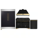 Forno 4-Piece Appliance Package - 48-Inch Dual Fuel Range, 60-Inch Convertible Refrigerator with Modern Trim, Dishwasher, in Black with Antique Brass Handle