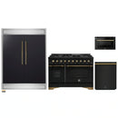 Forno 4-Piece Appliance Package - 48-Inch Dual Fuel Range, 60-Inch Convertible Refrigerator with Modern Trim, Dishwasher, and 24-Inch Microwave Drawer in Black with Antique Brass Handle