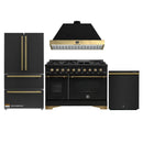 Forno Antico 4-Piece Appliance Package - 48-Inch Dual Fuel Range, 48-Inch Hood, 36-Inch Refrigerator, & 24-Inch Dishwasher in Black with Antique Brass Trim