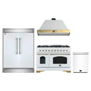 Forno 4-Piece Appliance Package - 48-Inch Dual Fuel Range, Wall Mount Range Hood, 60-Inch Refrigerator, Dishwasher in White with Antique Brass Handle