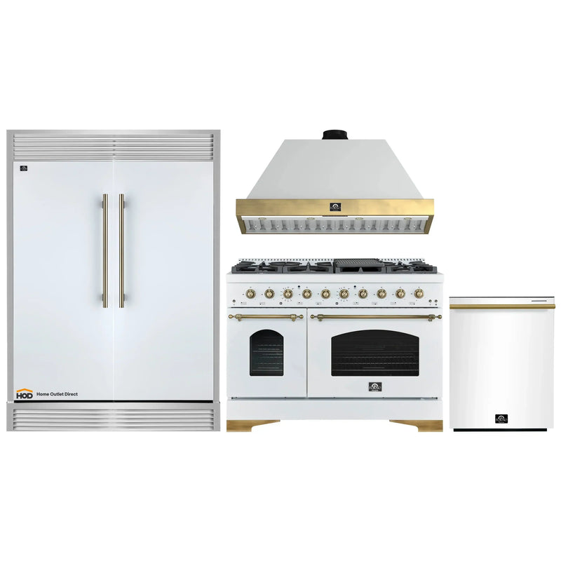 Forno 4-Piece Appliance Package - 48-Inch Antico Dual Fuel Range, Wall Mount Range Hood, 60-Inch Refrigerator, Dishwasher in White with Antique Brass Handle