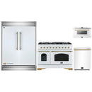 Forno 4-Piece Appliance Package - 48-Inch Dual Fuel Range, 60-Inch Refrigerator, Dishwasher, & 24-Inch Microwave Drawer in White with Antique Brass Handle