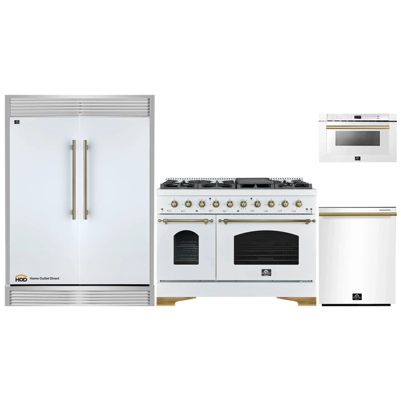 Forno 4-Piece Appliance Package - 48-Inch Antico Dual Fuel Range, 60-Inch Refrigerator, Dishwasher, & 24-Inch Microwave Drawer in White with Antique Brass Handle